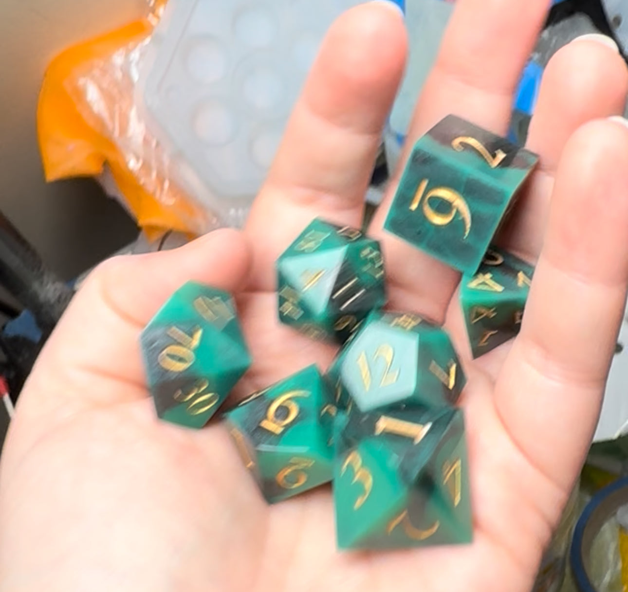 Green & Gunmetal Loki-Inspired Gaming Dice Set